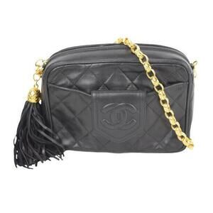 Chanel Coco Mark Fringe Chain Shoulder Bag Matelasse Leather Black Gold